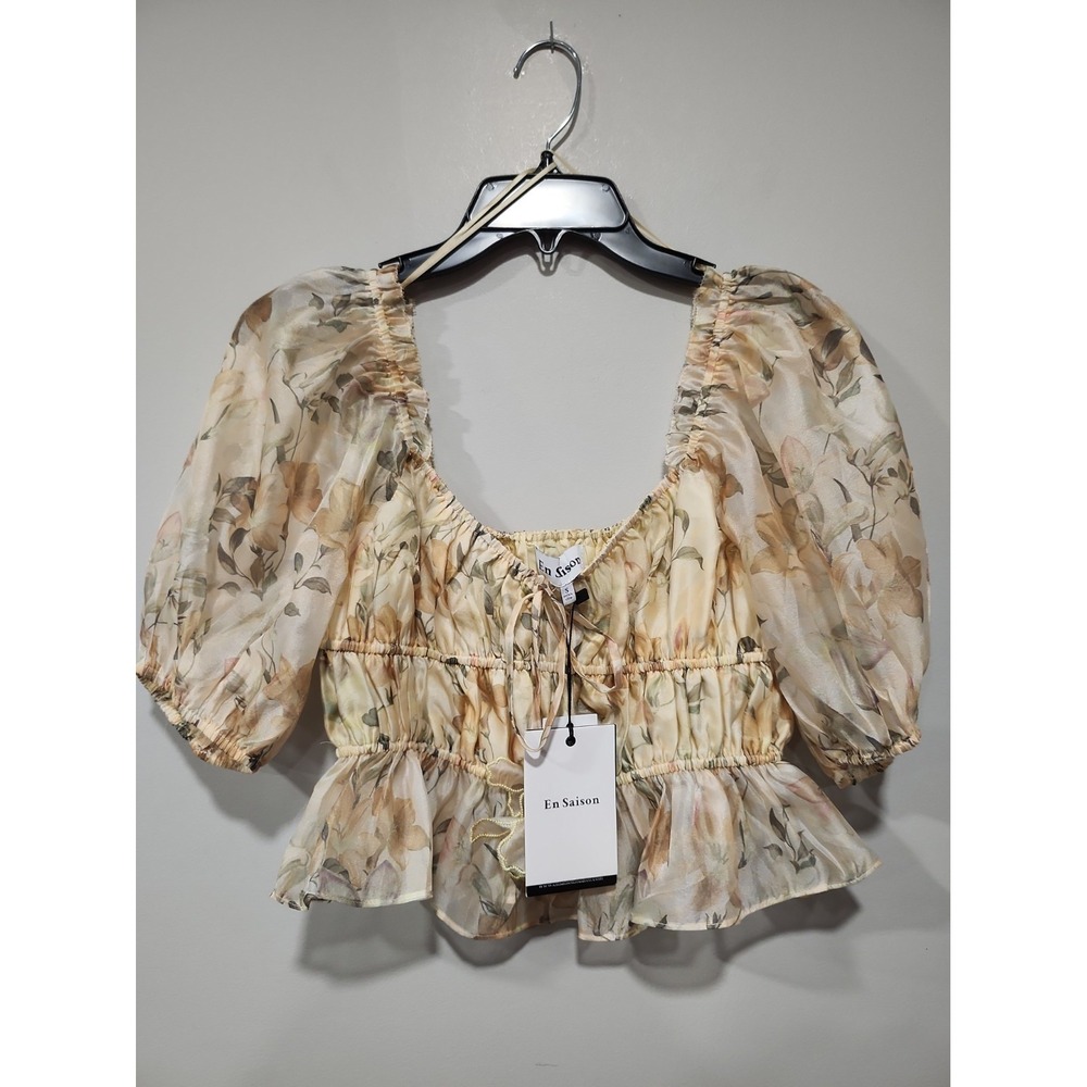 En Saison Elliot Organza Top Womens S Yellow Olive Floral Puff Sleeve Boho Chic